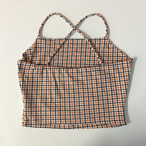 Diosa NWOT White|Black|Orange Houndstooth Square-Neck Cross-Back Crop Top Sz S - Picture 3 of 7